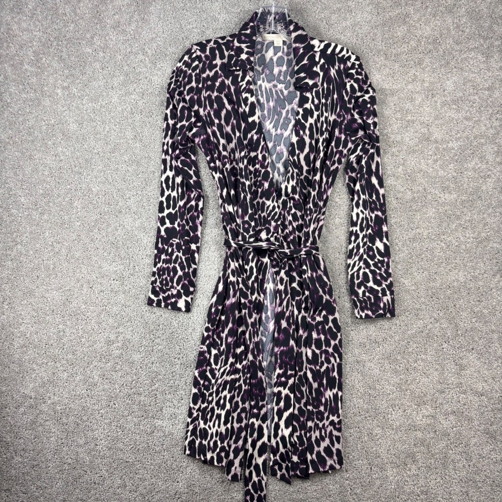 Boston Proper Purple Leopard Print Wrap Dress Long Sleeve Collared Size S